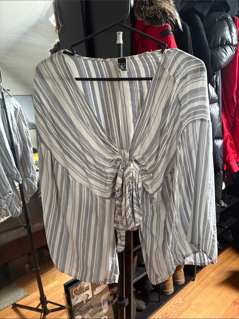 Windsor Striped Tie-Front Blouse — Gray & White